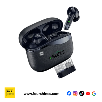 Black wireless earbuds with charging case on a white background, featuring the brand 'BLUK'S'.