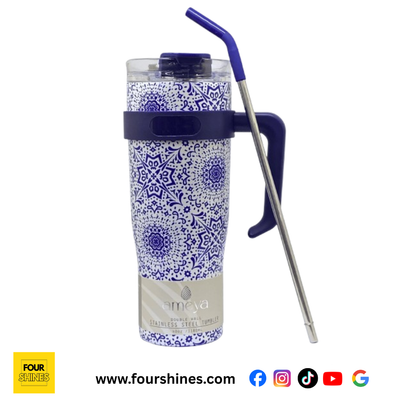 Tumbler with blue pattern, purple lid, and silver straw on a white background