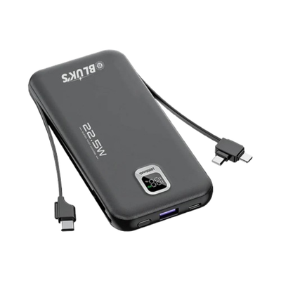 Black power bank with USB cables on a white background