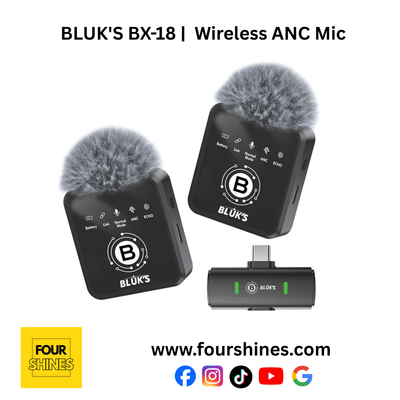 BLUK'S BX-18 wireless ANC mic set on a white background with Four Shines logo.