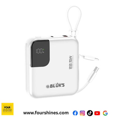 White power bank with digital display and BLUK'S branding on a white background