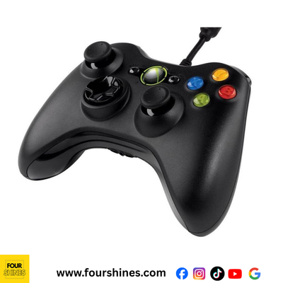 Black gaming controller with colored buttons on a white background