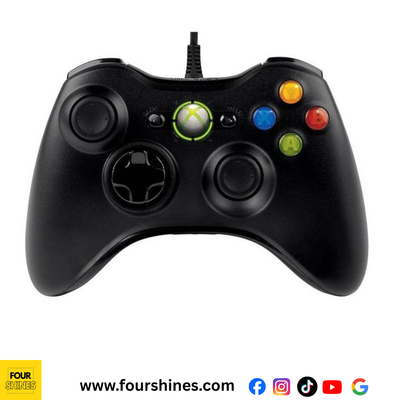 Black gaming controller with colorful buttons on a white background