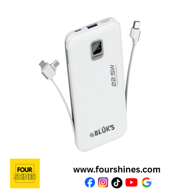 White power bank with USB cable on a white background, featuring the BLöK'S brand.