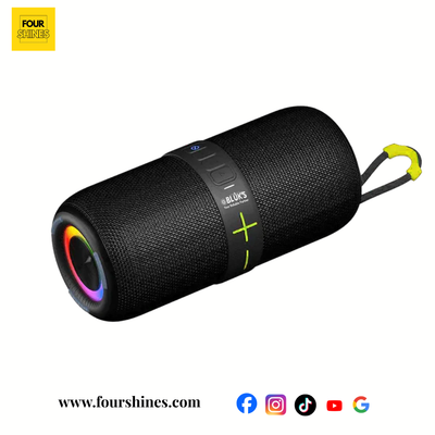Black Bluetooth speaker with colorful lighting on a white background, featuring the Four Shines brand.