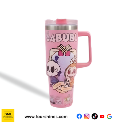 Pink tumbler with cartoon characters Labubu on a white background