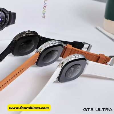 Smartwatch with brown leather strap on a white surface, brand 'Fourshines' visible.