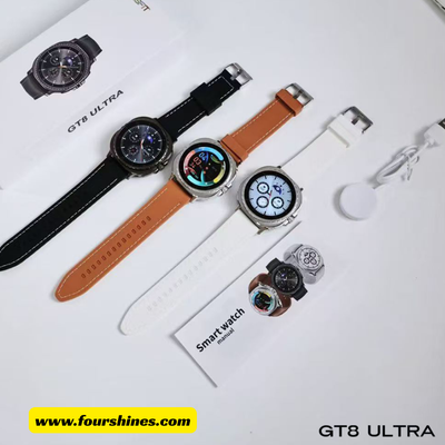 Smartwatch with various bands on a white background, featuring the brand 'FourShines'.