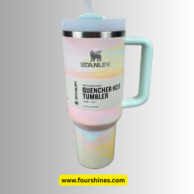 Stanley tumbler with pastel color design on a gray background