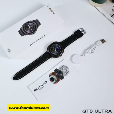 Smart watch GT8 Ultra with packaging, manual, and cable on a white surface