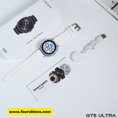 Smartwatch with charging cable and box on a white surface, featuring 'GT8 Ultra' branding.