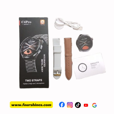 Smartwatch with packaging, straps, and charging cable on a white background