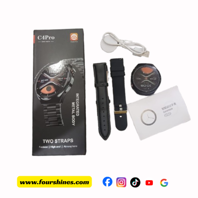 Watch with packaging, straps, and accessories on a white background
