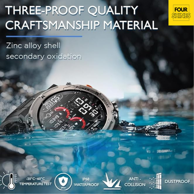 Digital watch with water resistance features submerged in water, text highlighting craftsmanship material and features.