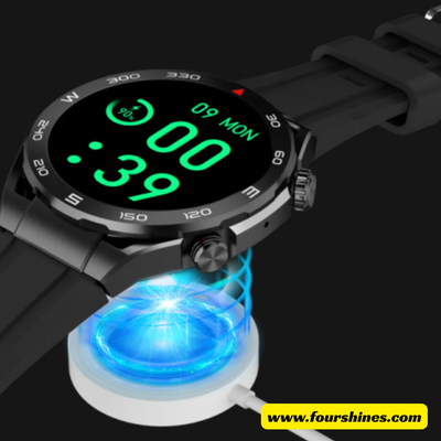Smartwatch with digital display and charging base on a black background, featuring the brand 'www.fourshines.com'.