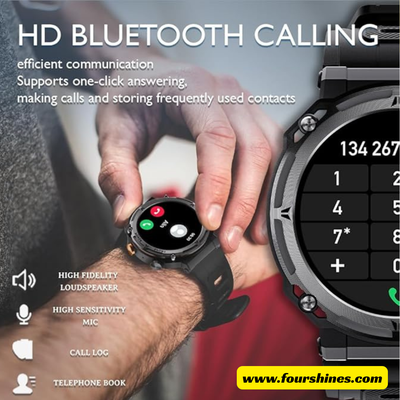 Smartwatch with Bluetooth calling features being used, displayed on a promotional graphic.