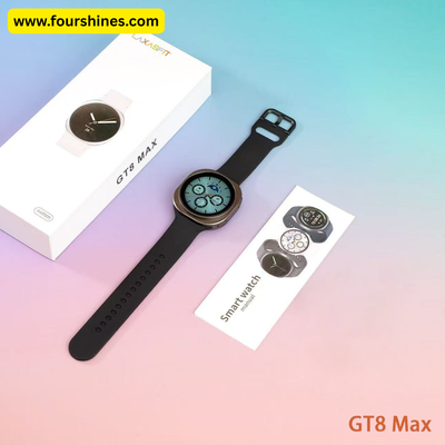 Smartwatch with black band and box on a gradient background, featuring 'GT8 Max' branding.