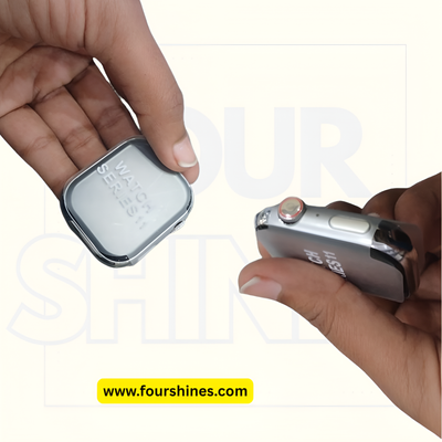 Two small electronic devices held in hands with a visible brand name on a white background.