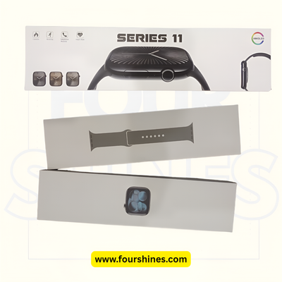 Smartwatch packaging with 'Series 11' branding on a white background
