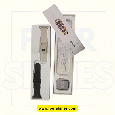Smartwatch packaging with strap and accessories on a white background