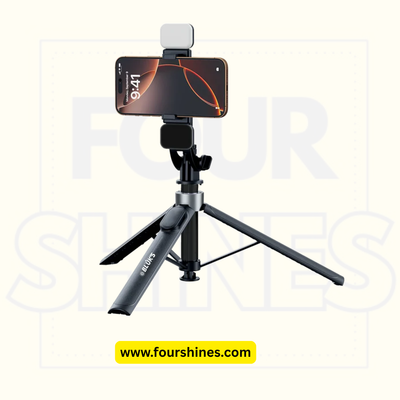 Phone holder with tripod on a white background, featuring the brand 'Four Shines'.