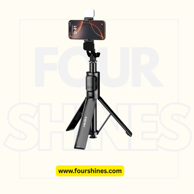 Black smartphone tripod stand with phone holder on a white background, branded 'Four Shines'.