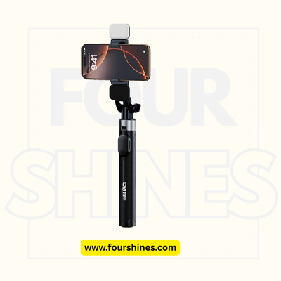 Black selfie stick with smartphone holder on a white background, featuring the brand 'Four Shines'.