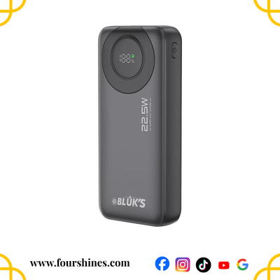 Black power bank with digital display on a white background, featuring the brand 'BLöK'S'.