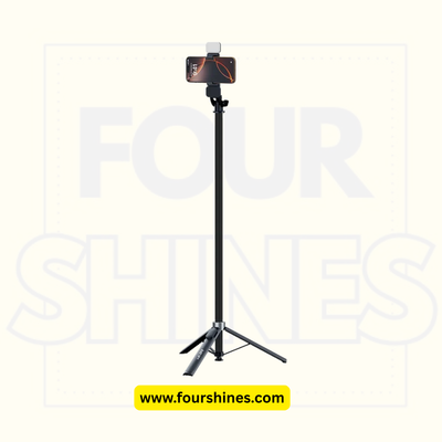 Black selfie stick with phone holder on a white background, featuring the brand 'Four Shines'.