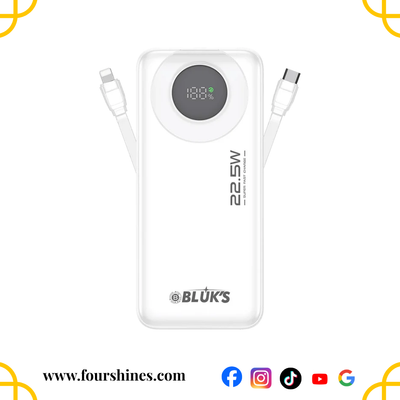 White power bank with digital display and BLöUK'S branding on a white background