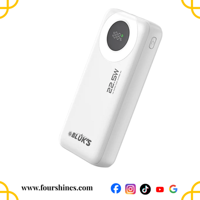 White power bank with digital display on a white background, featuring the brand 'BLöUK'S'.