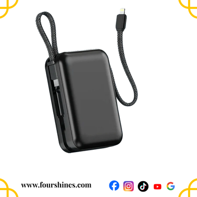 Black portable charger with a cable on a white background, featuring the brand 'fourshines'.