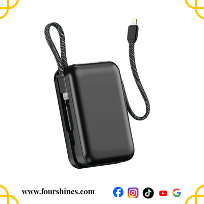 Black power bank with a cable on a white background, featuring the FourShines brand.