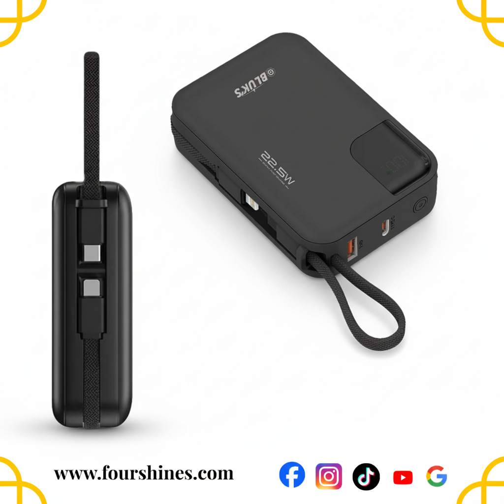 Black portable charging device with antenna on a white background, featuring the brand 'Fourshines'.