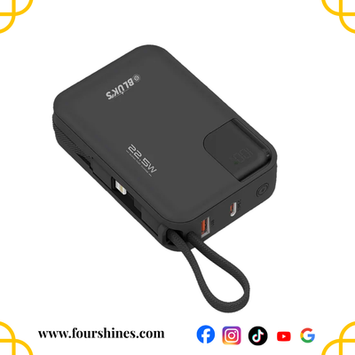 Black power bank with 'Fourshines' branding on a white background