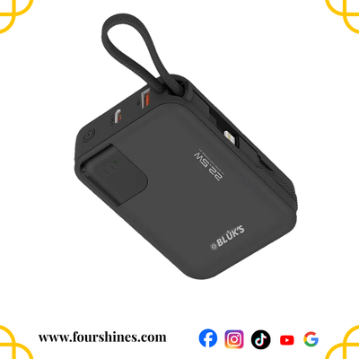 Black portable charger with USB ports on a white background