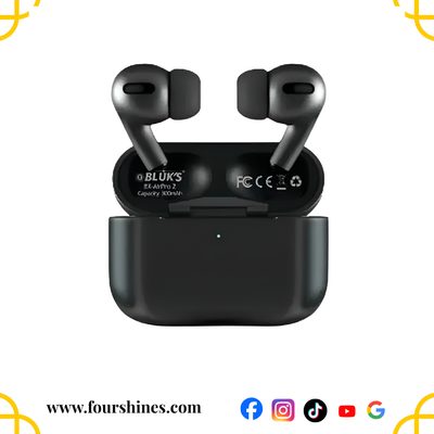 Black wireless earbuds with charging case on a white background