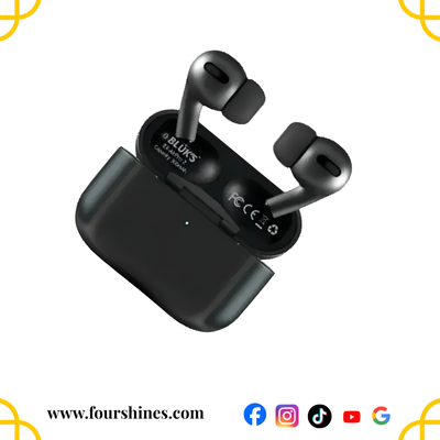 Black wireless earbuds with charging case on a white background, featuring the FourShines brand.