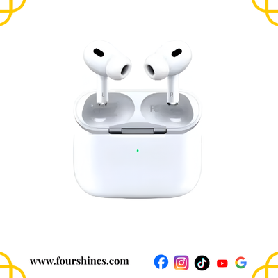 Wireless earbuds with charging case on a white background, featuring the brand 'Fourshines'.