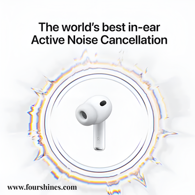 White in-ear headphones with 'The world's best in-ear Active Noise Cancellation' text on a white background.