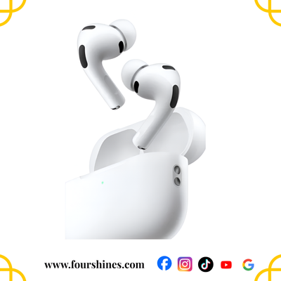 White wireless earbuds with charging case on a white background, featuring the brand 'FourShines'.