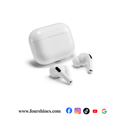 White wireless earbuds with charging case on a white background
