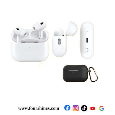 Wireless earbuds with charging case on a white background, featuring the brand 'Fourshines'.