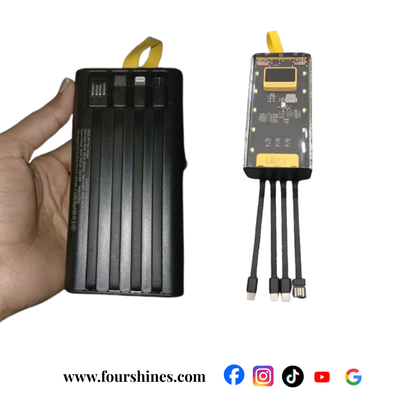 Two electronic devices, one rectangular and one with multiple cables, held by a hand on a white background. Brand 'Fourshines' is visible. Ulex Power Bank 22.5 20000 ah Transparent

