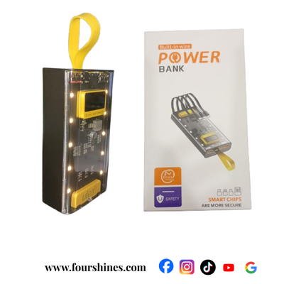 Power bank packaging with clear window showing internal components, brand 'Fourshines' visible.