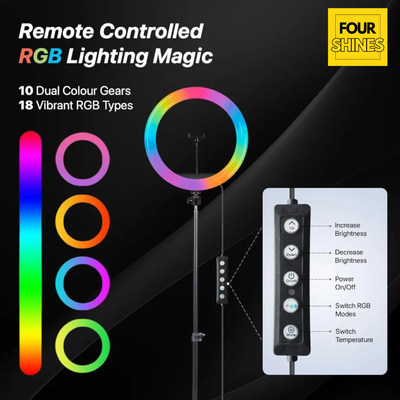 Remote controlled RGB lighting system with color gears and control panel on a black background.