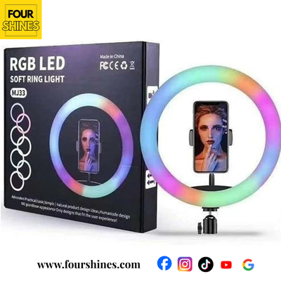RGB LED soft ring light with packaging and smartphone holder on a white background