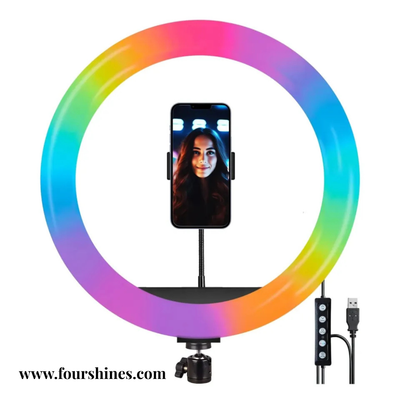 Colorful ring light with smartphone holder on a white background, featuring the brand 'Foursilves'.