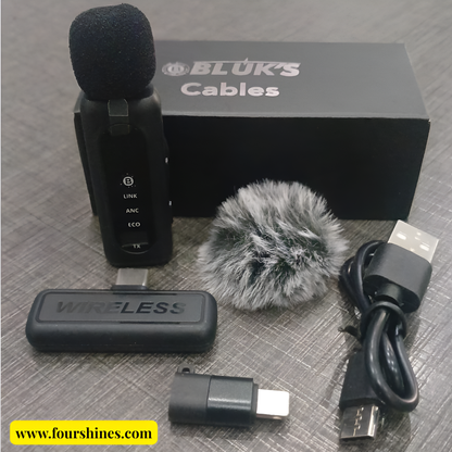 Wireless microphone set with accessories on a textured surface, featuring BLUK'S Cables branding.