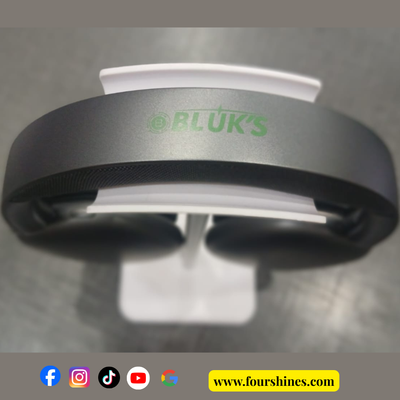 Black and gray headphones with 'BLUK'S' branding on a gray background